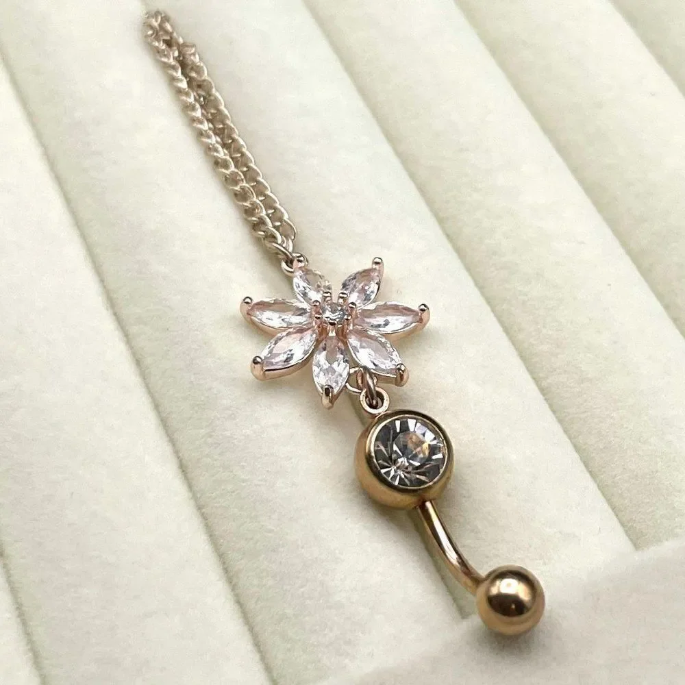 316L Stainless Steel with White Diamond Cubic Zirconia Flower 14G Belly Ring